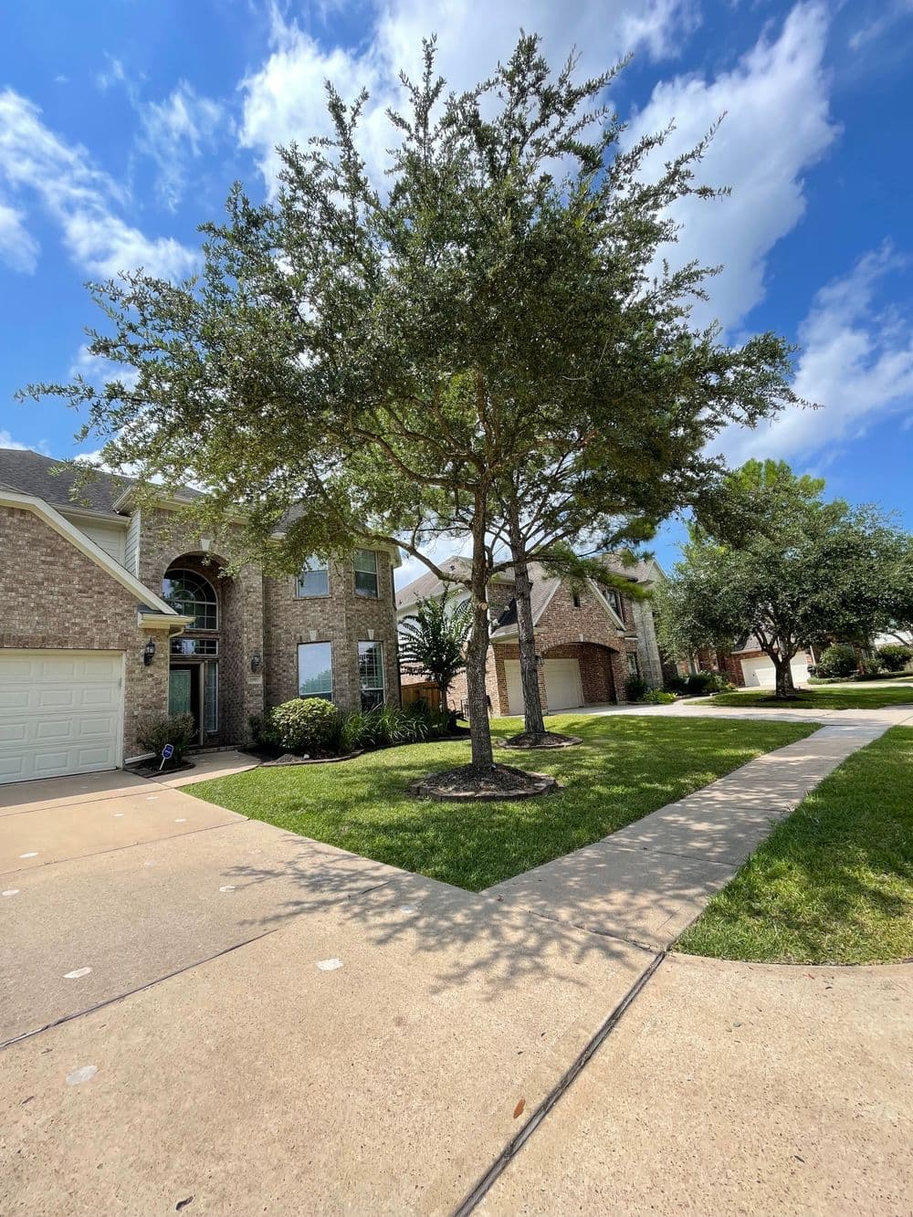 Two-story brick home with a large tree and well-kept lawn on a sunny day.