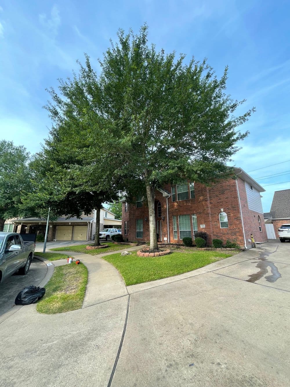 Residential brick house with large tree, landscaped lawn, and driveway on a sunny day.