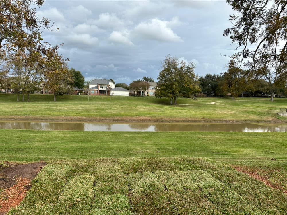 Lush green lawn with a calm waterway and suburban houses under a cloudy sky.