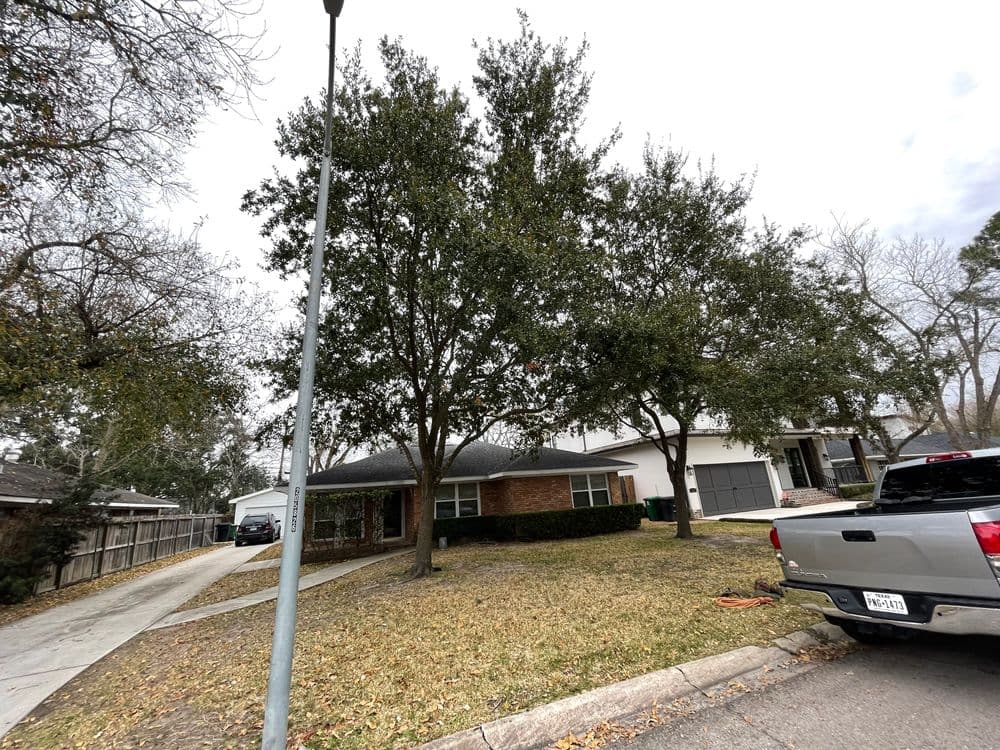Residential home with large trees, driveway, and gray skies. Quiet suburban neighborhood setting.